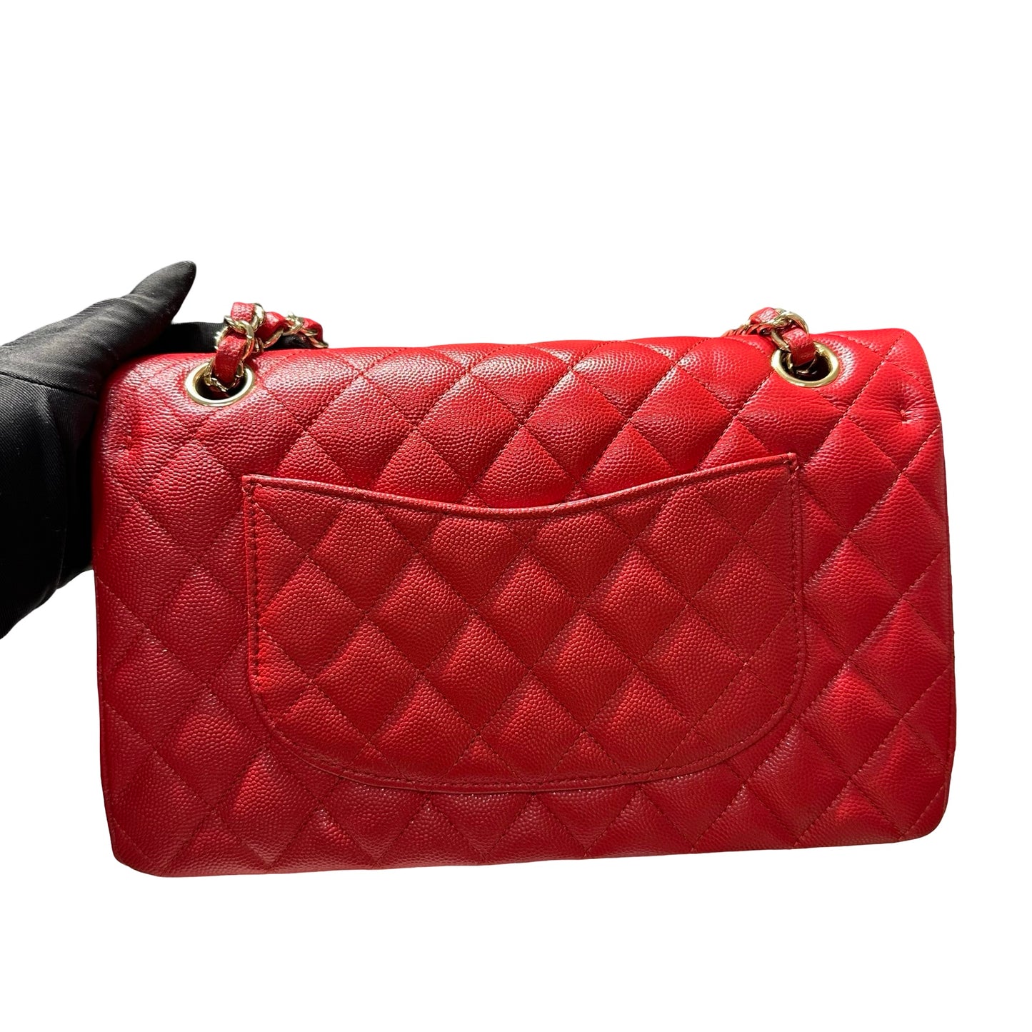 Used CHANEL Quilted Caviar Classic Flap 25 Shoulder Bag Red Gold