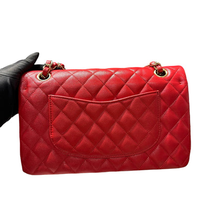 Used CHANEL Quilted Caviar Classic Flap 25 Shoulder Bag Red Gold