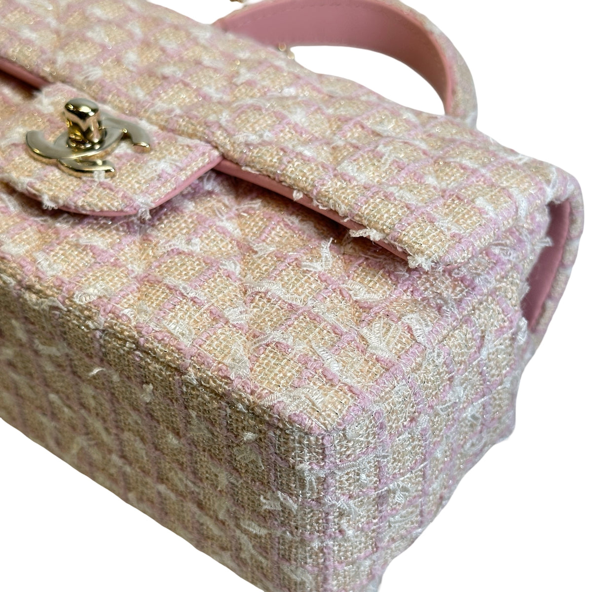 Used CHANEL Tweed Quilted Mini Flap Bag with Top Handle Handbag Pink White