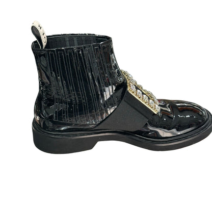 Used ROGER VIVIER Patent Leather Viv' Rangers Chelsea Boots Shoes Black GHW