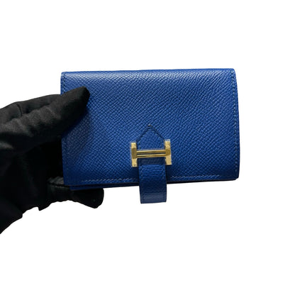 Used HERMES Epsom Bearn Card holder Blue Gold Hardware