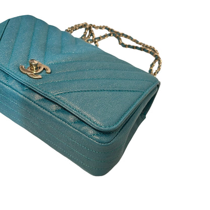 Used CHANEL Chevron Statement Flap Chain Shoulder Pearl Green GHW Chain Shoulder Bag