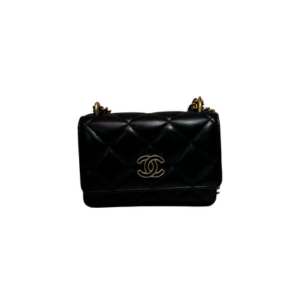 Used CHANEL Lambskin Leather Pending Clutch with Chain Shoulder Bag Black GHW