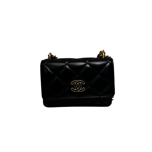 Used CHANEL Lambskin Leather Pending Clutch with Chain Shoulder Bag Black GHW