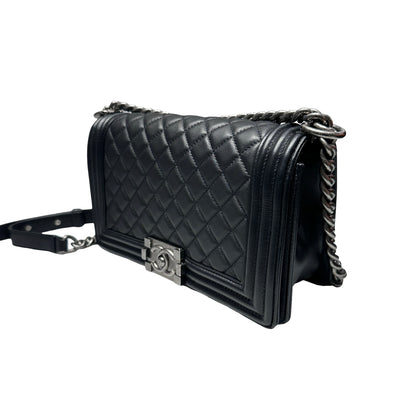 Used Chanel Boy 25cm Chain Shoulder Bag Black PHW