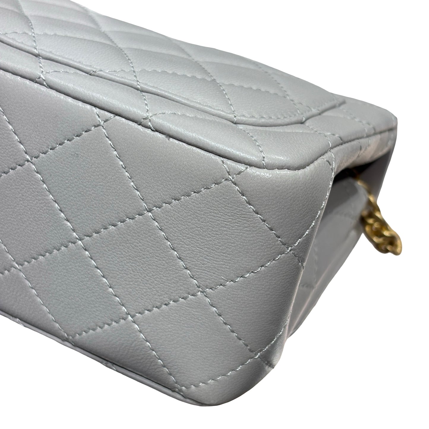 Used CHANEL Lambskin Leather Classic Flap Mini Chain Shoulder Bag Grey GHW