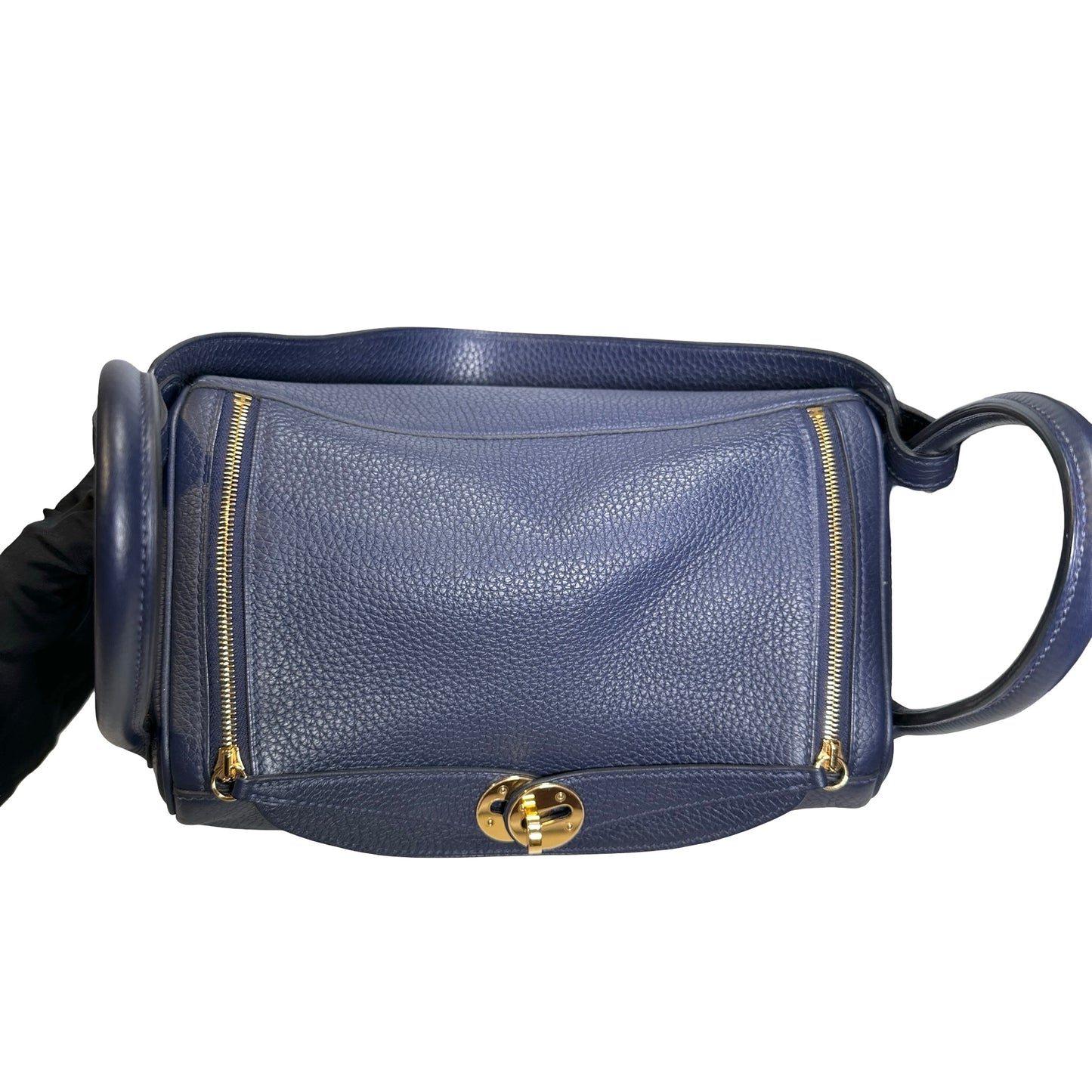 Used HERMES Clemence Lindy 26 Handbag Navy GHW