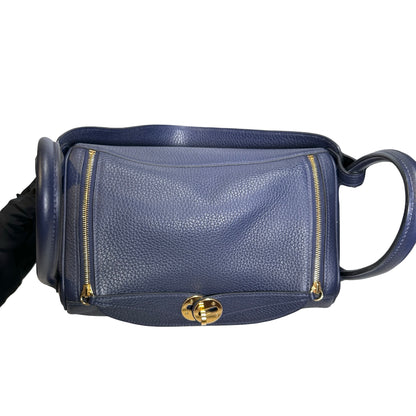 Used HERMES Clemence Lindy 26 Handbag Navy GHW
