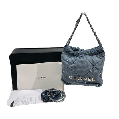 Used CHANEL Denim Quilted Studded Chanel 22 Mini Bag Blue Silver