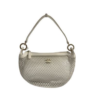 Used CHANEL Mesh Leather 25S Half Moon Clutch Hobo Bag White GHW