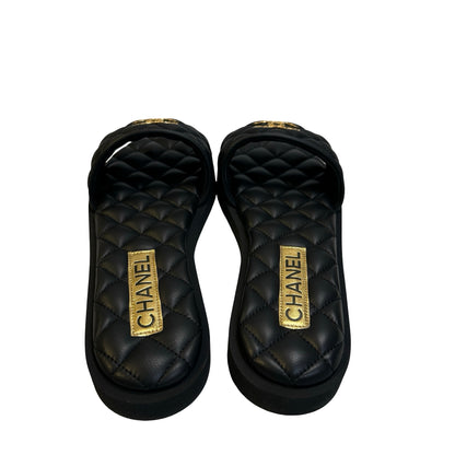 Brand New CHANEL Quilted Leather Slippers Shoes Black Gold