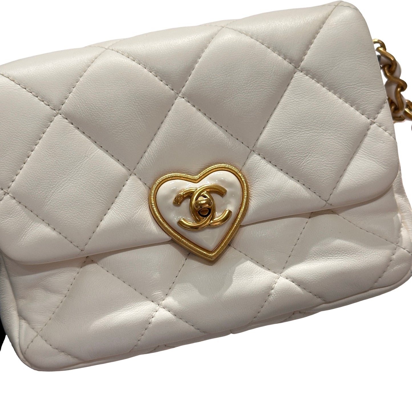 Used CHANEL 23S HEART CLASSIC FLAP Cross Body Bag White GHW