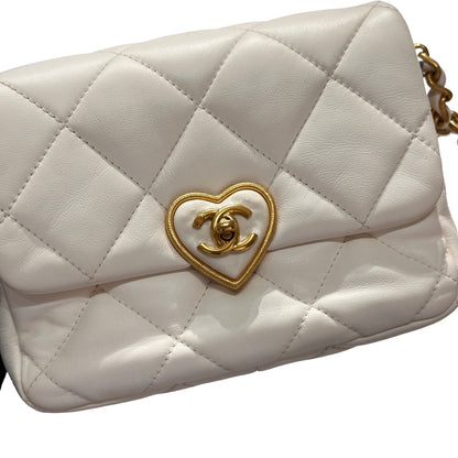Used CHANEL 23S HEART CLASSIC FLAP Cross Body Bag White GHW