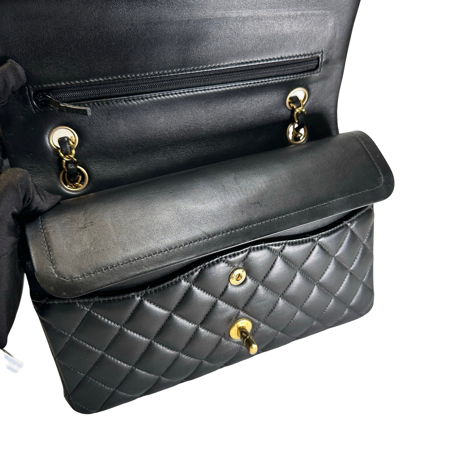 Used CHANEL Quilted Lambskin CF25 Shoulder Bag Black Gold