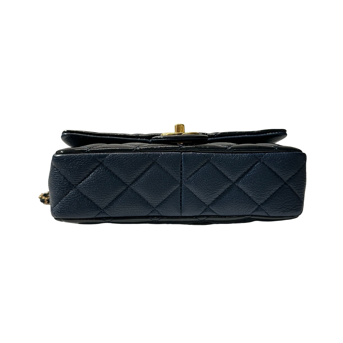 Used CHANEL Patent Leather MINI FLAP 20 CM Chain Shoulder Bag Navy Blue GHW