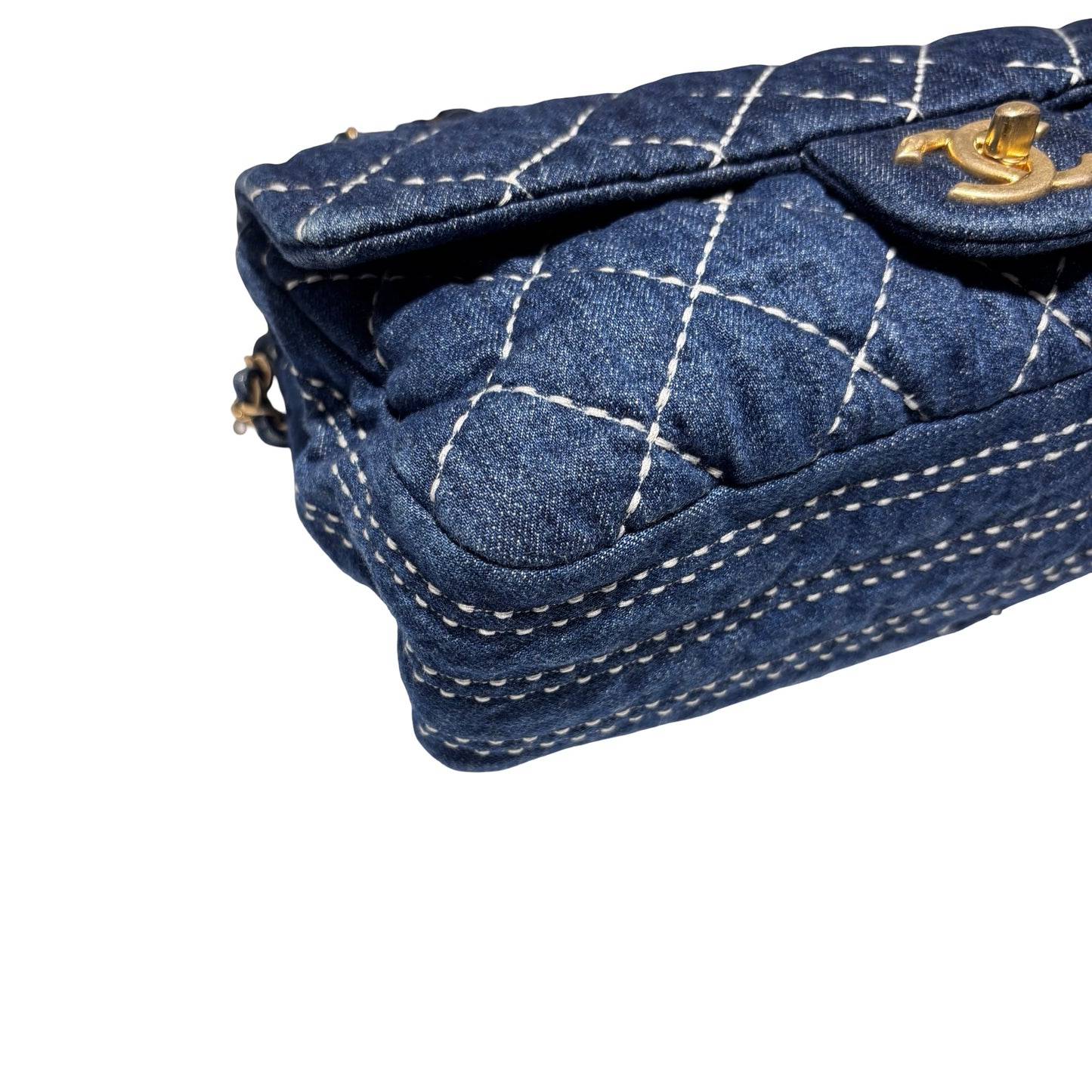 Used CHANEL Denim Classic Flap Medium Chain Shoulder Bag Navy Blue GHW