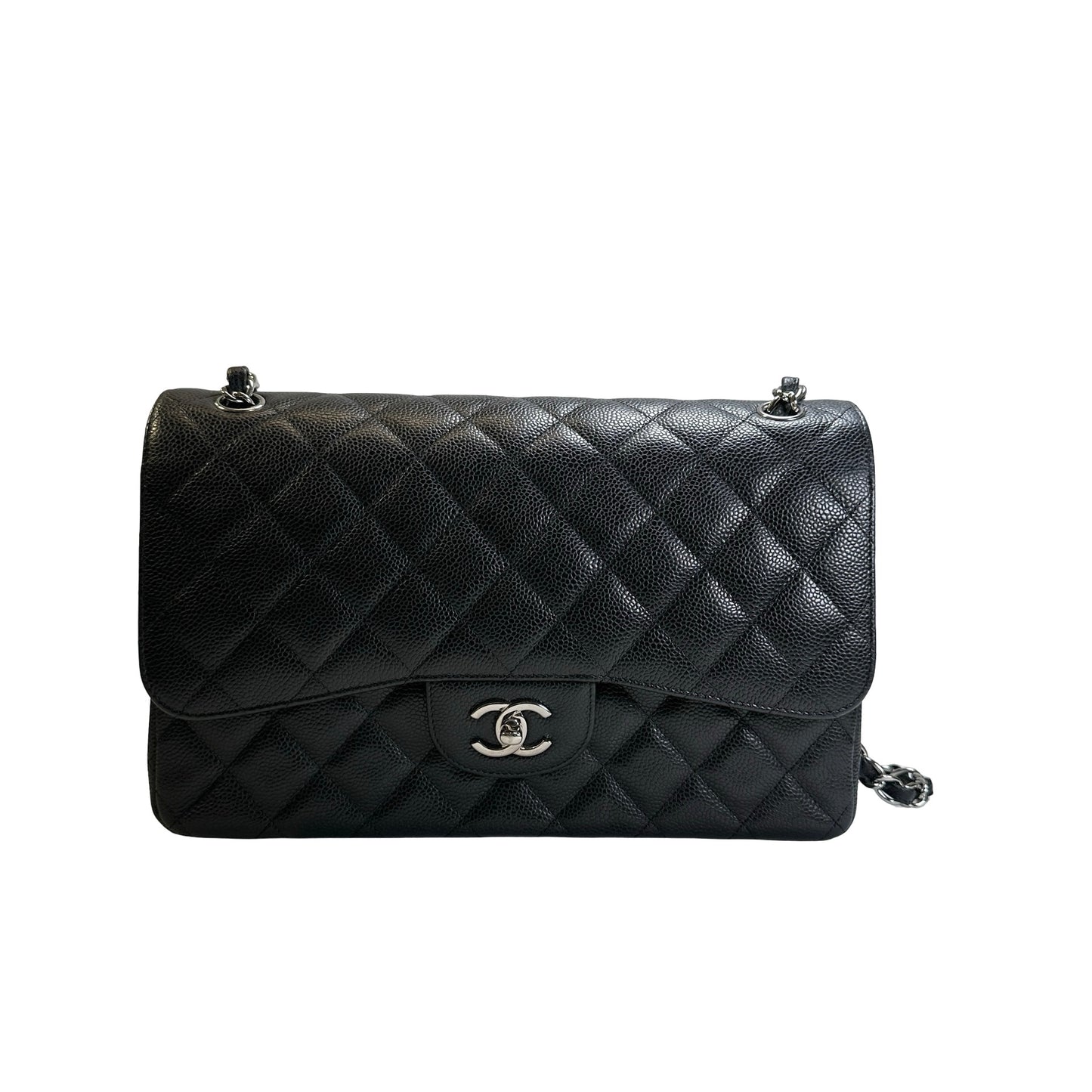 Used CHANEL Quilted Caviar Leather Classic Flap Chain Shoulder Bag Black Silver