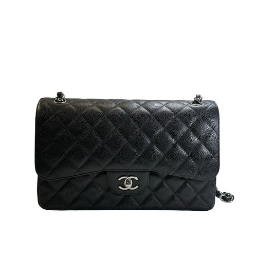 Used CHANEL Quilted Caviar Leather Classic Flap Chain Shoulder Bag Black Silver