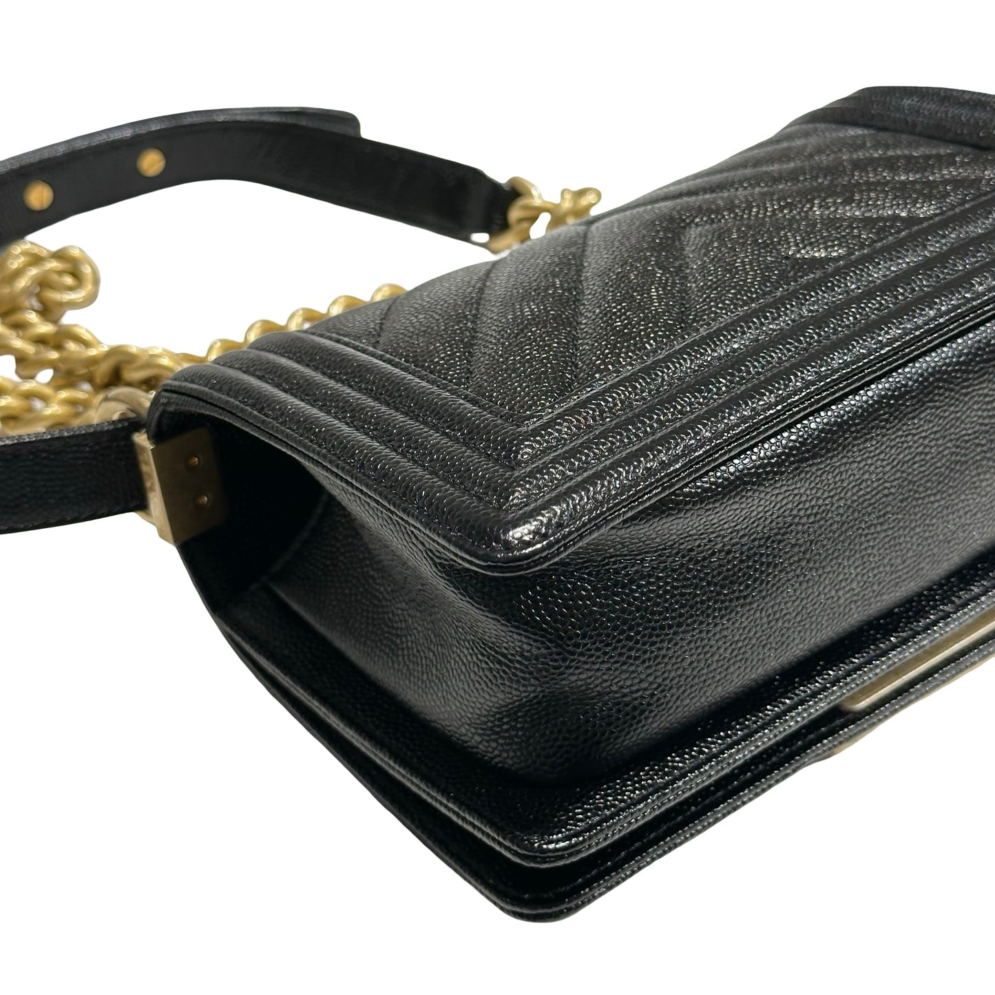 Used CHANEL Calfskin Leather Boy 20 V line Cross Body Bag Black GHW