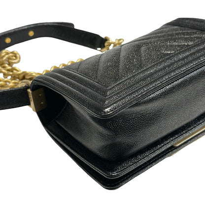 Used CHANEL Calfskin Leather Boy 20 V line Cross Body Bag Black GHW