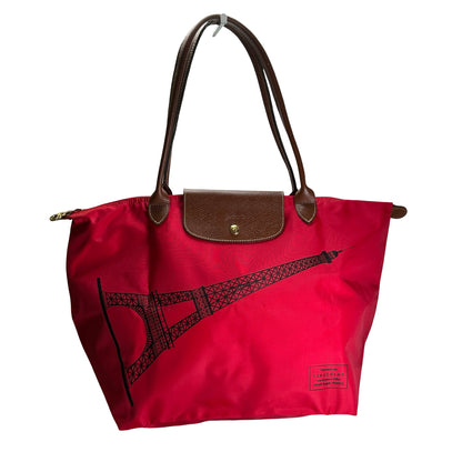 Used LONGCHAMP Eiffel Tower Print Le Pliage Eiffel Tower Tote Bag Red Brown