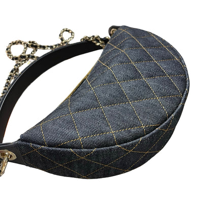 New Chanel Denim Clutch with Gold-Tone Chain Shoulder Bag Navy GHW