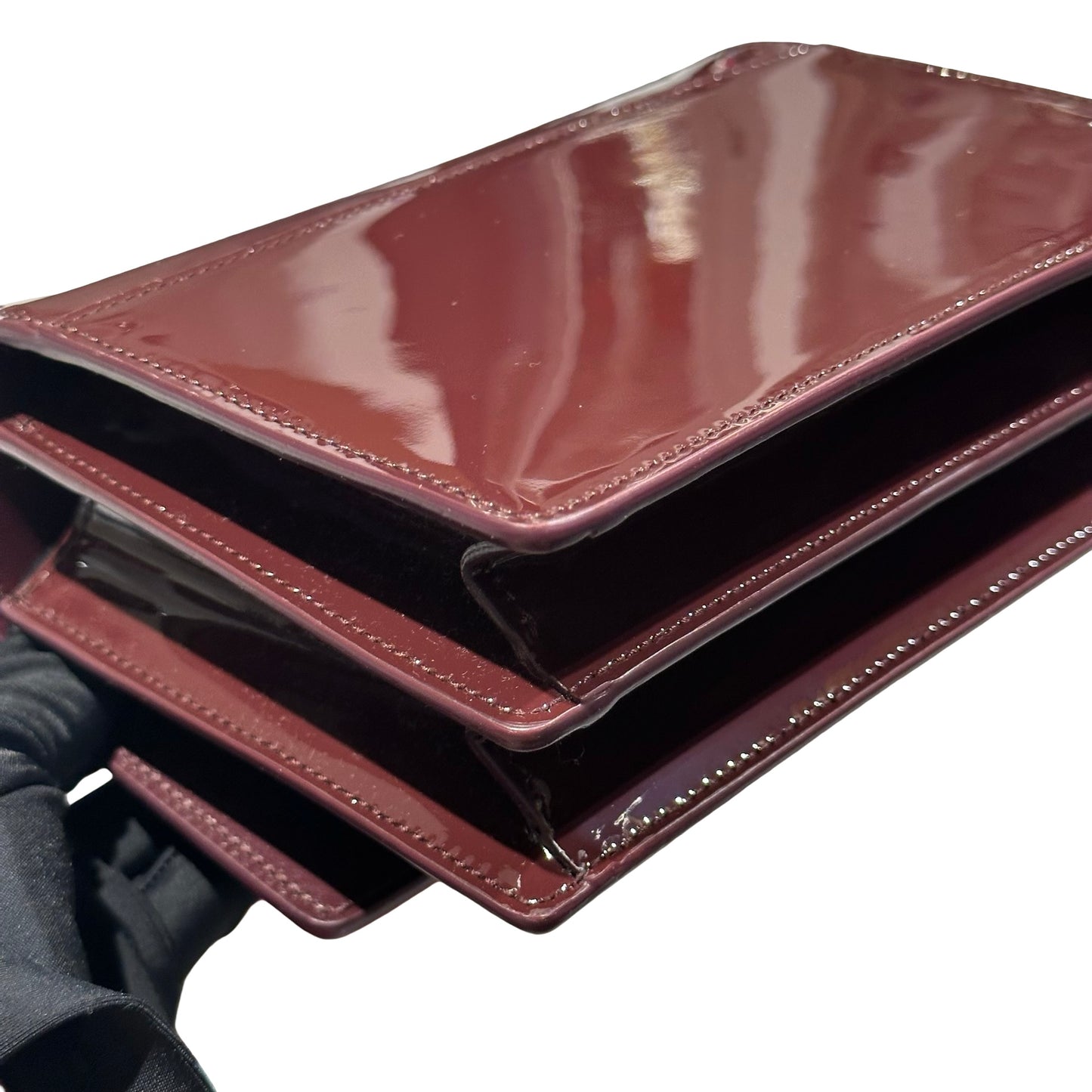 New SAINT LAURENT Patent Leather Small Sunset Chain Shoulder Bag Burgundy