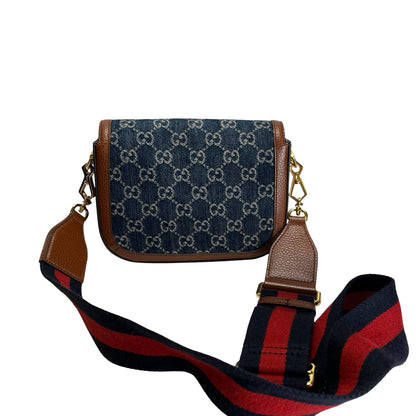 Used GUCCI GG Canvas Leather Trim Horsebit 1955 Mini Bag Shoulder Bag Blue Brown