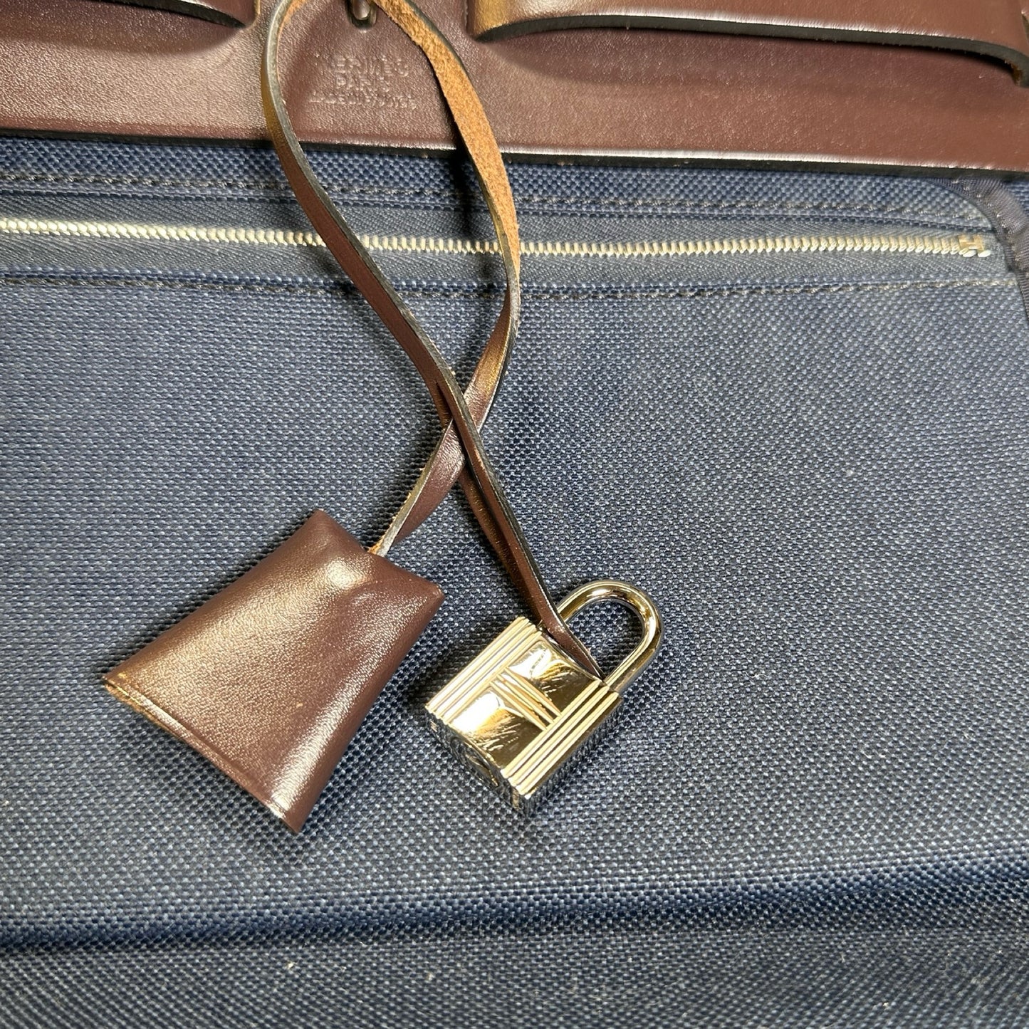 Used HERMES Toile Hunter Herbag Zip Handbag Navy Blue Brown