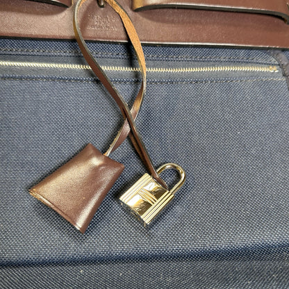 Used HERMES Toile Hunter Herbag Zip Handbag Navy Blue Brown