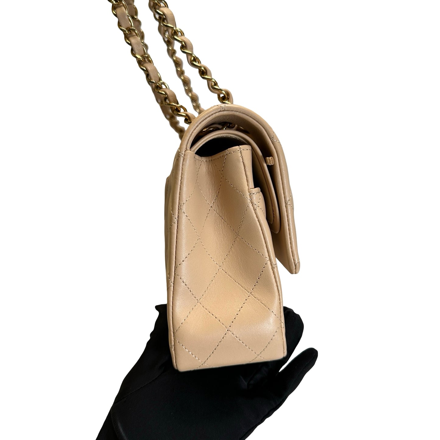 Used CHANEL Lambskin Classic Flap 25cm Chain shoulder bag Beige GHW