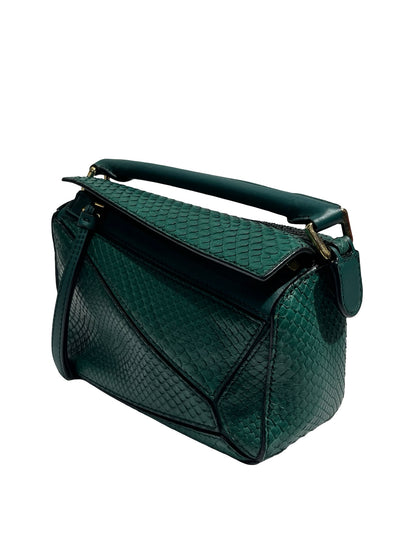 Used LOEWE Python Leather Puzzle Mini Crossbody Bag Green