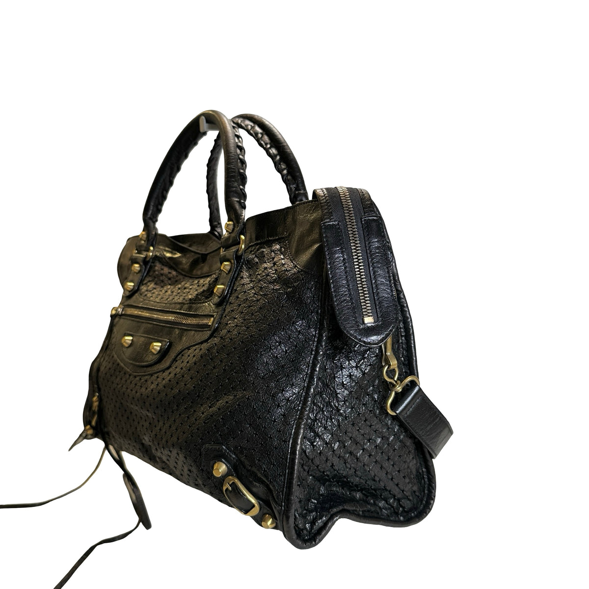 Used BALENCIAGA Leather Perforated City Handbag Black