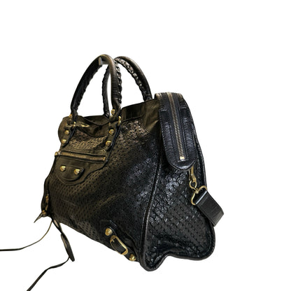 Used BALENCIAGA Leather Perforated City Handbag Black