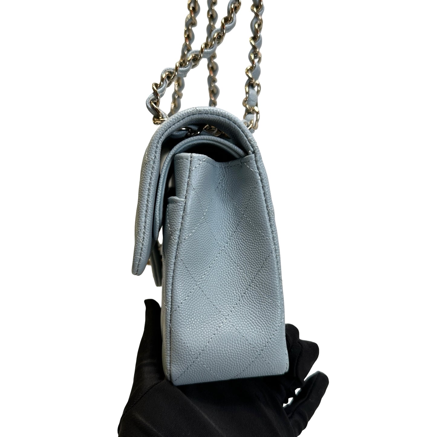 Used CHANEL Quilted Caviar CF23 Chain Shoulder Bag Light Blue GHW