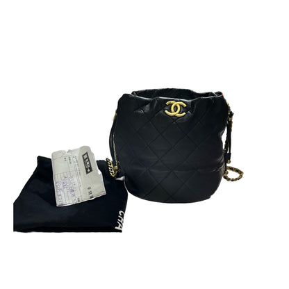 Used CHANEL Lambskin Leather Bucket Bag Black GHW