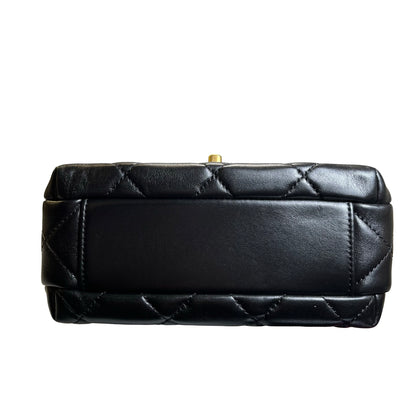 Used CHANEL Quilted Velvet 24A mini pearl logo Flap bag Bucket Bag Black Gold