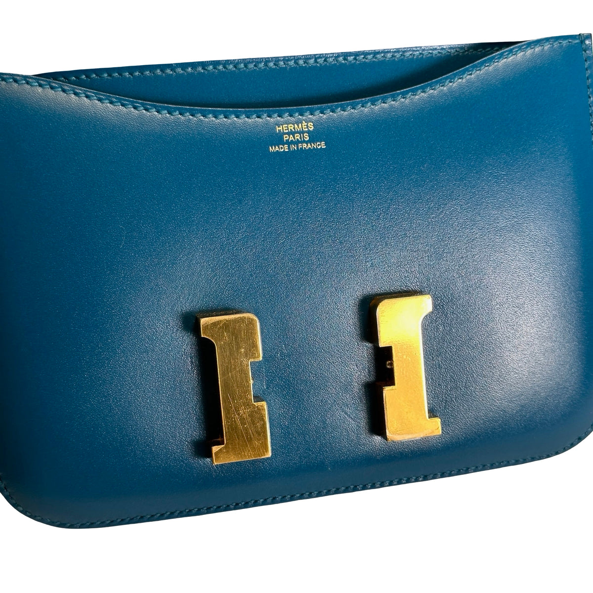 Used HERMES Epsom Leather Constance Shoulder Bag Blue Gold Hardware