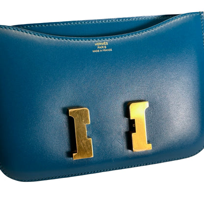 Used HERMES Epsom Leather Constance Shoulder Bag Blue Gold Hardware