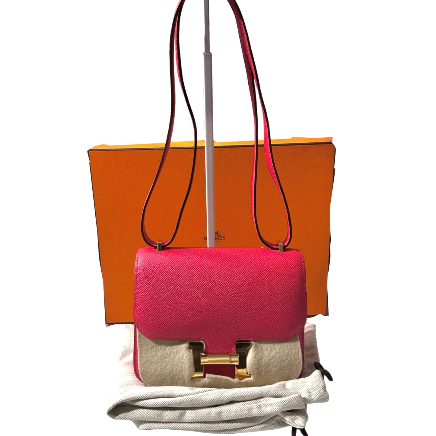 Used Hermès Calfskin Leather Mini Constance Cross Body Bag I6 GHW Pink