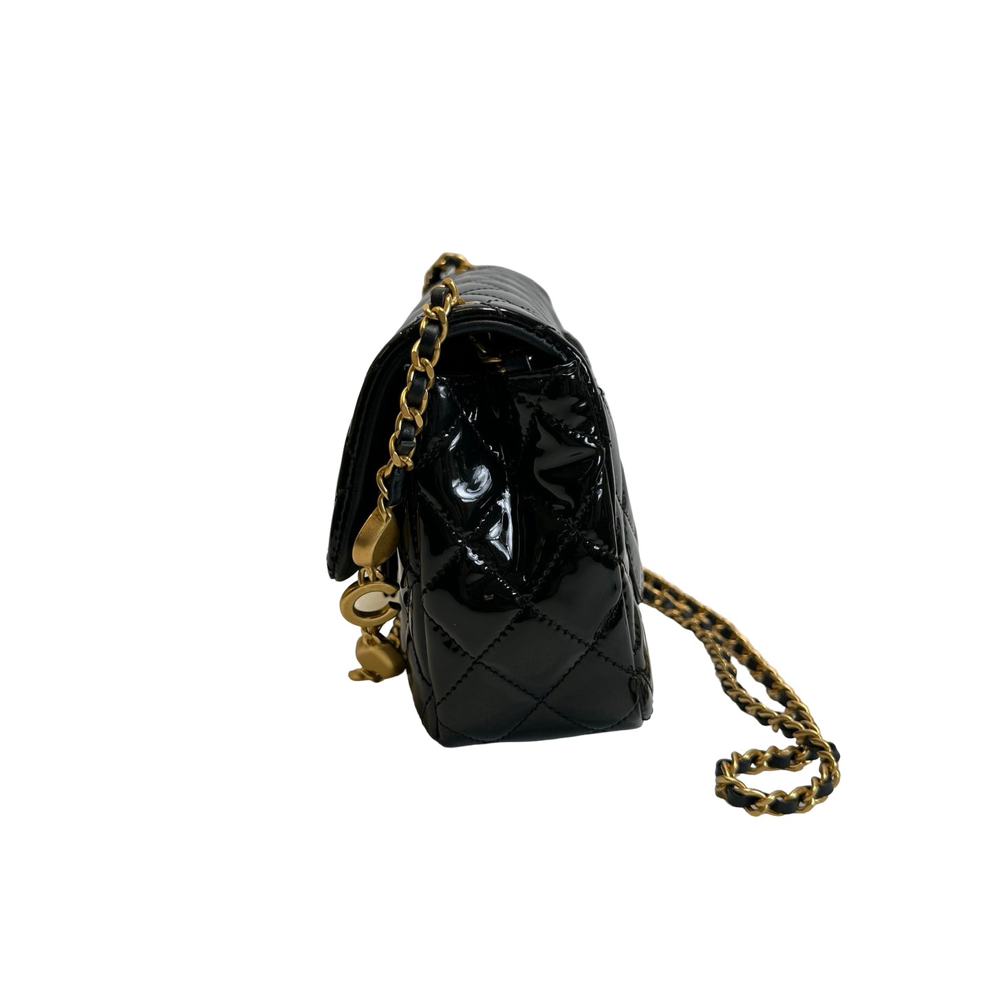 Used CHANEL Quilted Patent Leather Flap Bag Chain Shoulder Bag Black Gold