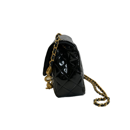 Used CHANEL Quilted Patent Leather Flap Bag Chain Shoulder Bag Black Gold