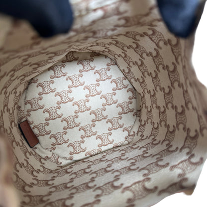 Used CELINE Triomphe Canvas Calfskin Teen Triomphe Drawstring Drawstring Bag Beige Brown GHW