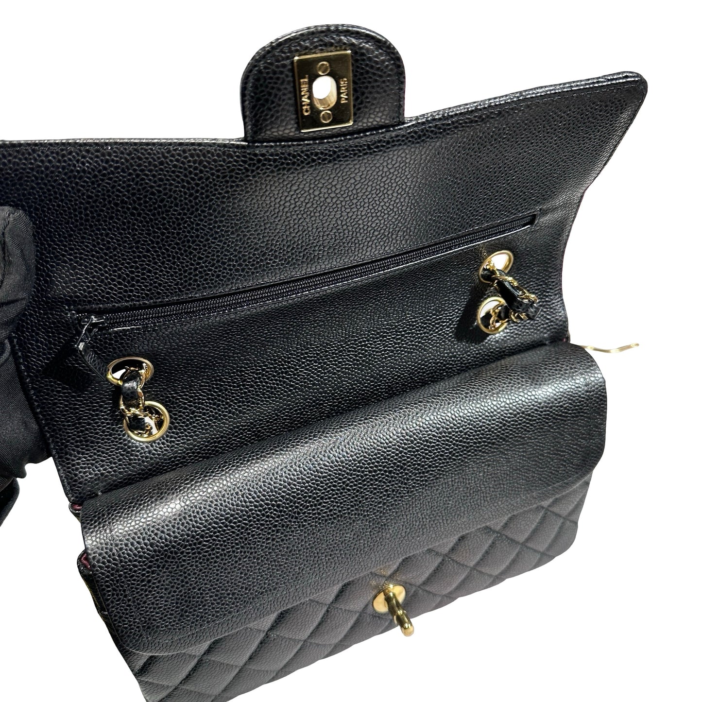 Used CHANEL Caviar Leather Classic Flap Medium Chain Shoulder Bag Black PHW