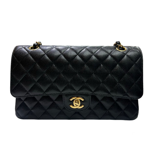Used CHANEL Caviar Quilted Classic Flap Chain Shoulder Bag Black Gold