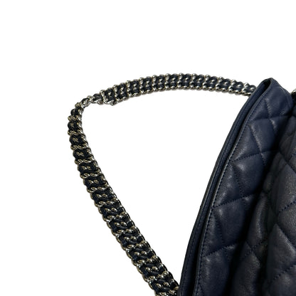 Used CHANEL Quilted Leather Quilted Shoulder Bag Chain Shoulder Bag Navy Blue Silver Hardware