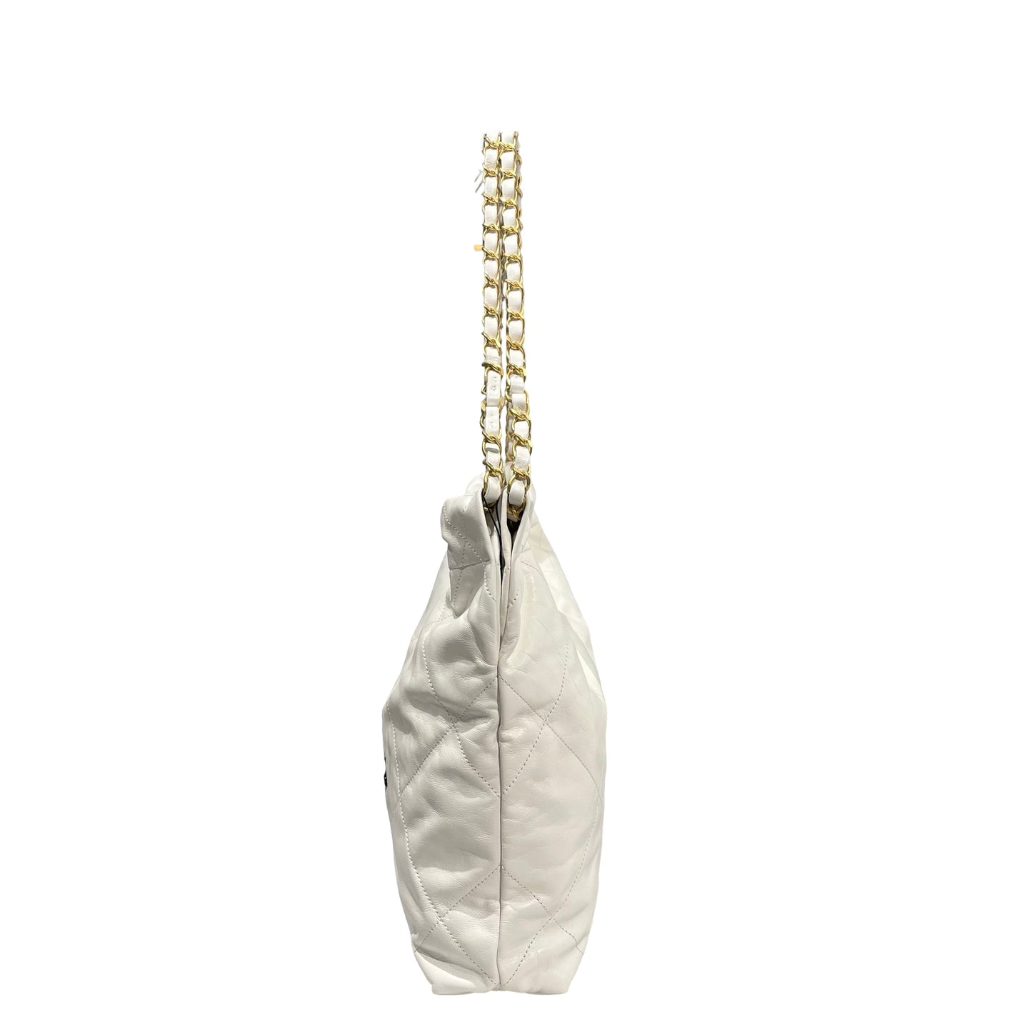 Used CHANEL Shiny Calfskin 22 Small Shiny Calfskin Shoulder Bag White Black GHW