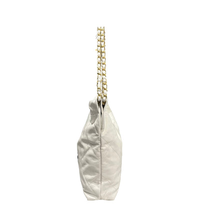 Used CHANEL Shiny Calfskin 22 Small Shiny Calfskin Shoulder Bag White Black GHW