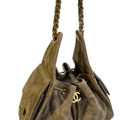 Used CHANEL Suede Quilted Suede Quilted Handbag Handbag Khaki Gold