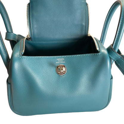 Used HERMES Leather Lindy Handbag Green